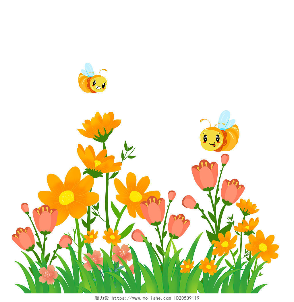 春天花草植物卡通花朵绿色枝叶花朵蜜蜂采蜜春分png元素